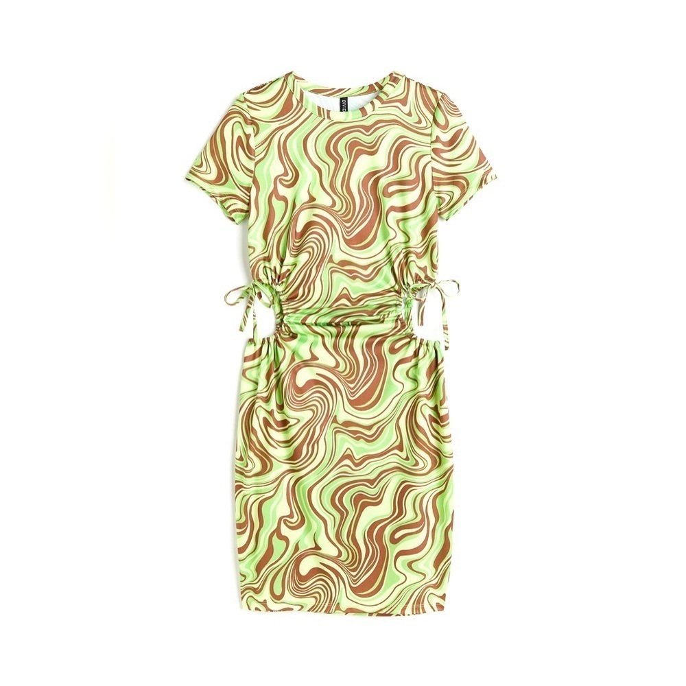 BNWT Divided Dress Women's Sz XS Green Retro Print Bodycon Cut-Out Side Ties
